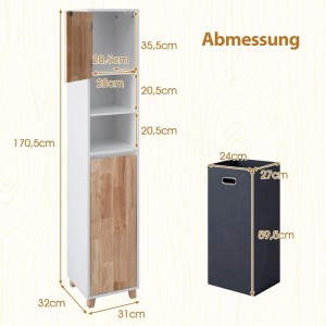 Weißer Bad Hochschrank mit Holz-Türen, offenen Regalen und Maßen. Inklusive grauer Wäschekorb. Ideal für Badregale.