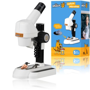 DieMaus Mikroskop mit LED-Auflicht, weiß-schwarz, für Kinder zum Entdecken kleiner Dinge.