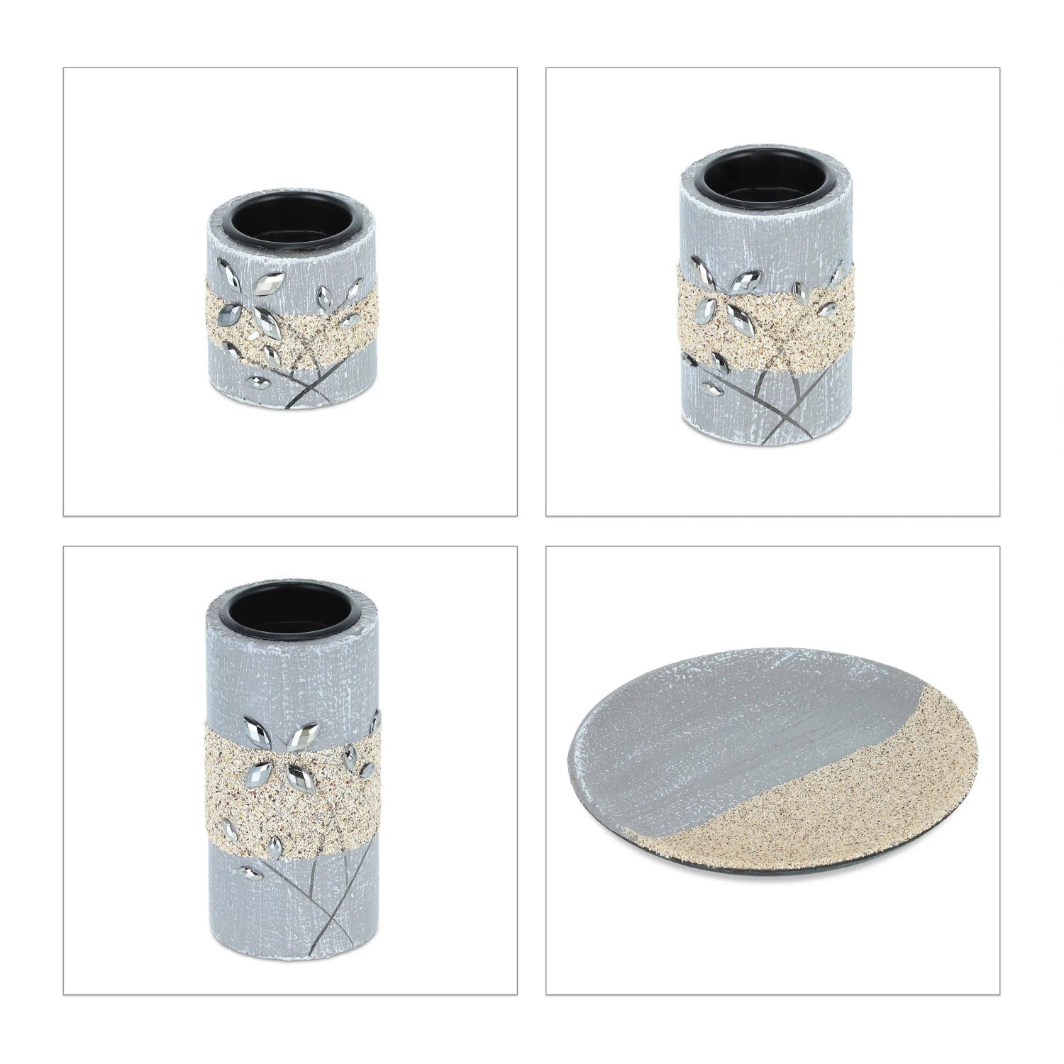 Relaxdays Teelichthalter Set mit Dekoschale MDF Stein Grau Beige Schwarz 13,5 cm x 22 cm 0,7 kg