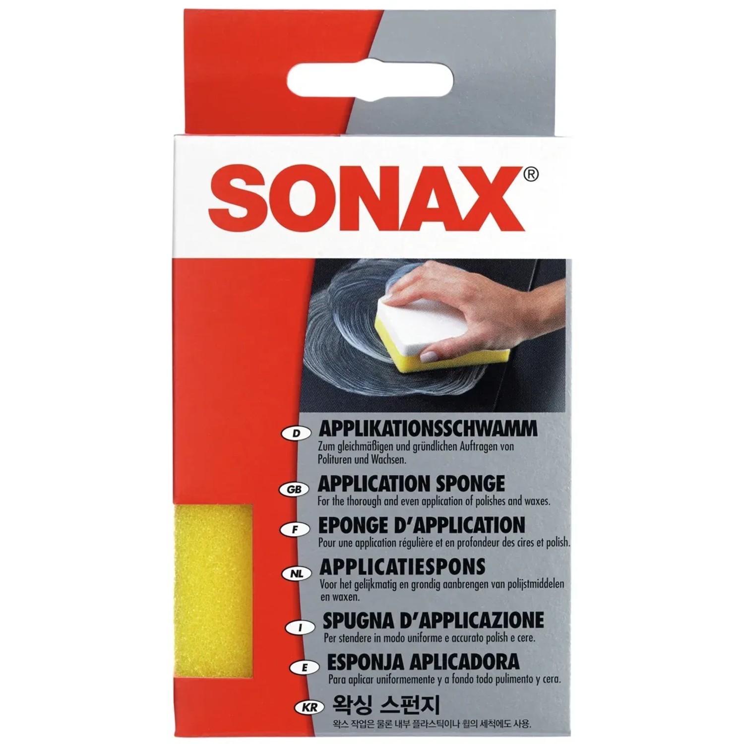 Sonax Applikationsschwamm für Autopflege, gelb/weiß, zum Auftragen von Polituren.