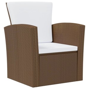 Brauner vidaXL Garten Sessel aus Rattan mit weißen Auflagen, Teil eines Lounge Sets.