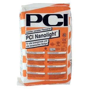 Sack PCI Nanolight Flexmörtel 15 kg, geeignet für Fliesenarbeiten im Innen- und Außenbereich.