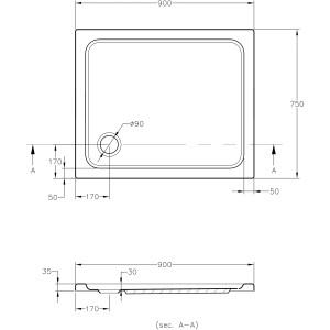 Technische Zeichnung der rechteckigen, weißen Ottofond Duschwanne Aruba, 90x75 cm, mit Maßangaben.
