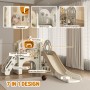 AIYAPLAY 7-in-1 Kinderrutsche aus Kunststoff mit Rutsche, Kletterstangen, Kriechtunnel, Basketballkorb, Teleskop, cremeweiß.