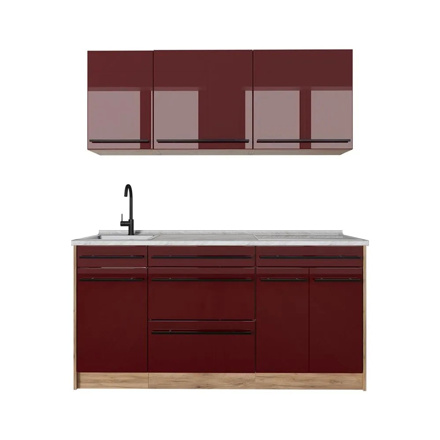 Vicco Singleküche R-Line Rot Hochglanz/Goldkraft Eiche 160 x 82 Arbeitsplatte Marmor Art Nr 66164