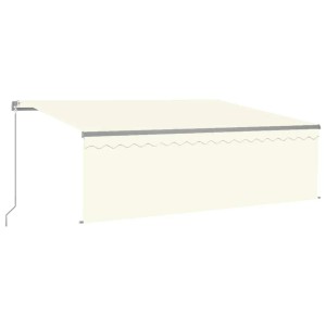 Cremefarbene Markise 4x3m mit Anthrazitrahmen, manuell einziehbar, integriertem Rollo und LED-Beleuchtung.
