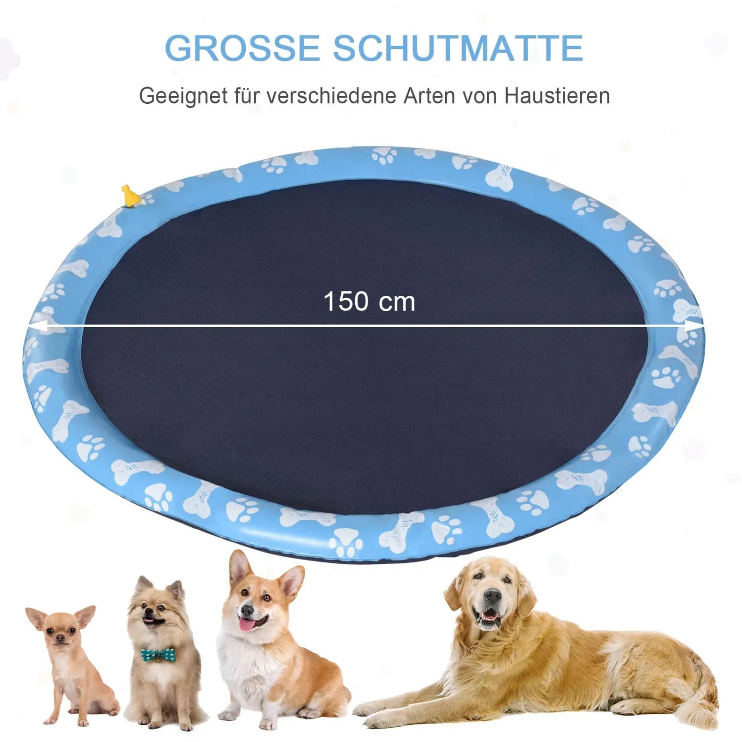 Hunde-Sprinklermatte 150x150 Cm – Rutschfeste Wassermatte Zum Kühlen – Für Garten & Pool