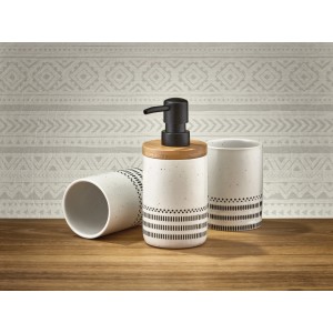 Kleine Wolke Seifenspender Alva, schwarz-weiß, mit Ethno-Muster und Bambus-Akzent.