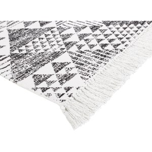 Gemusterter OBI Baumwollteppich in Schwarz-Weiß, 60x120 cm, mit Fransen. Wollteppich aus Baumwolle.
