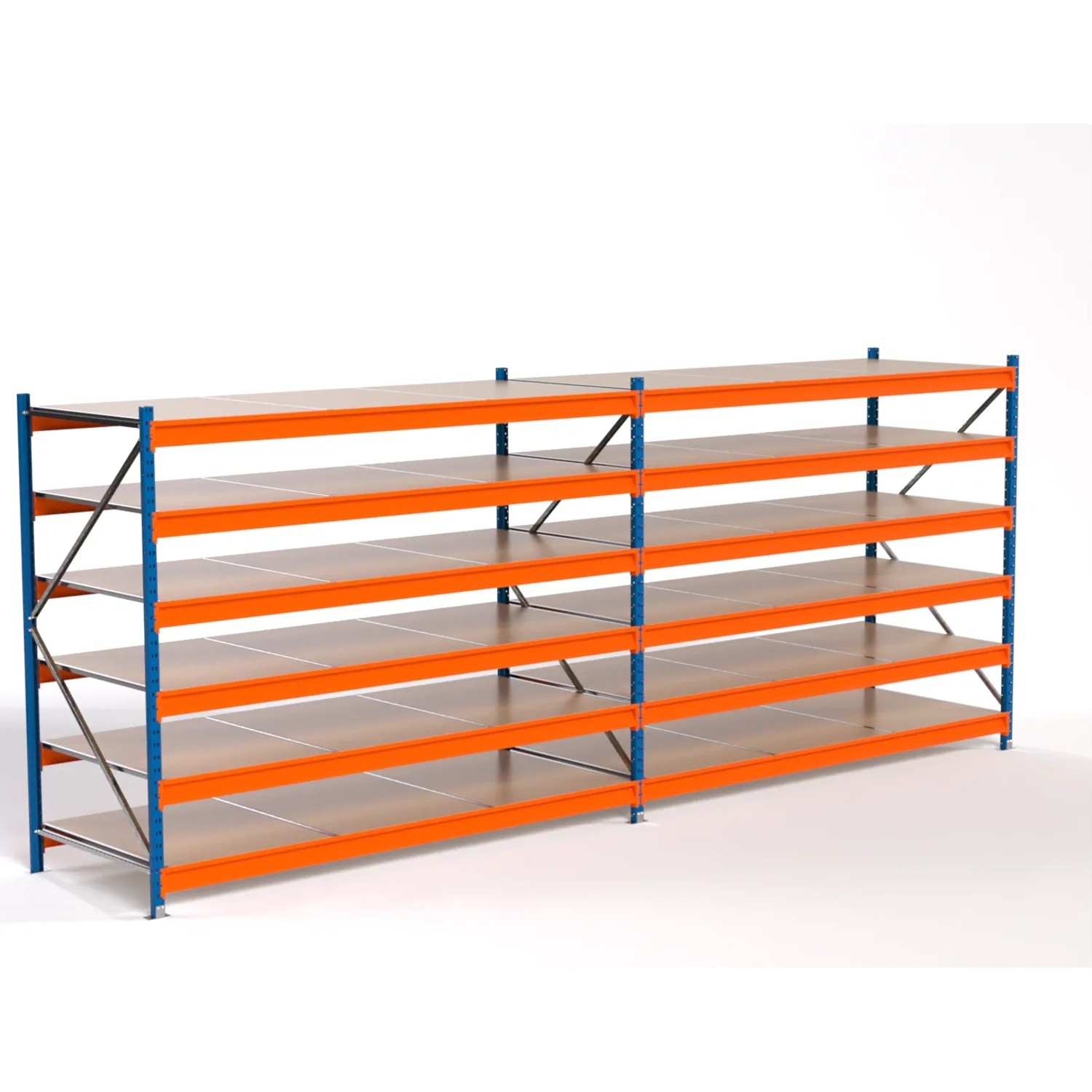 PROREGAL Industrie Weitspannregal Lagerregal MAXIMUS PRO Komplettregal 2 Felder HxBxT 200x500x100cm 6 Spanplatten-Fachboden Fachlast 530kg Blau/Orange
