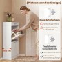 Weißer HOMCOM Klapp-Schuhschrank aus MDF im Flur. Frau verstaut Schuhe in den zwei Fächern. Schlankes, platzsparendes Design mit Schublade.