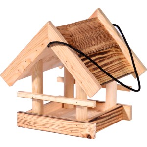 Hängendes, geflammtes Dobar Vogelhaus Candela aus FSC®-Holz mit Kordel und Futtertablett.