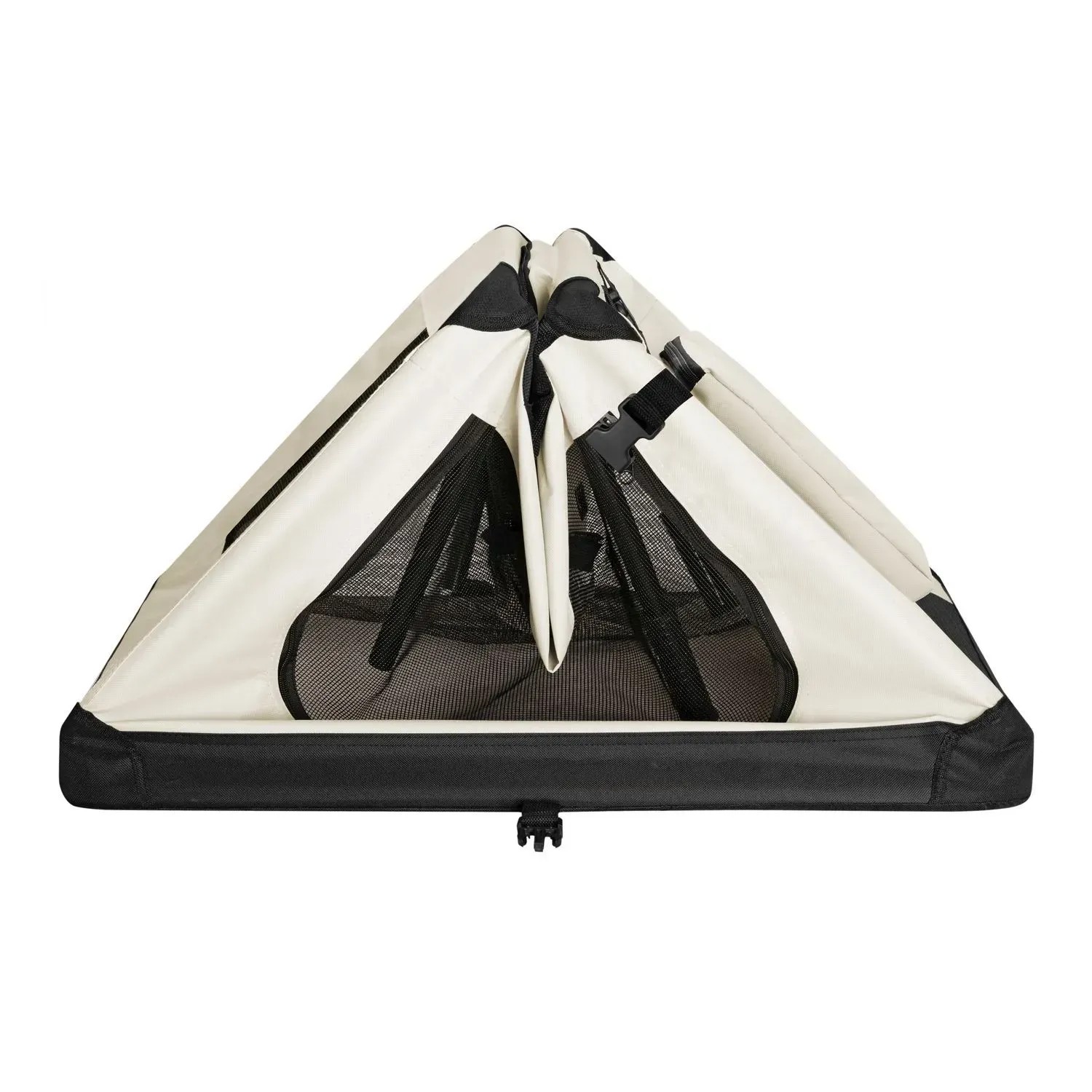 Faltbare, beige Juskys Hundetransportbox Lassie S mit Netzfenstern für kleine Hunde.