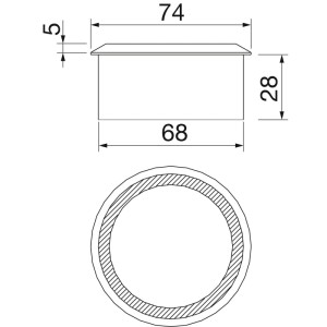 Technische Zeichnung der runden Kabeldurchführung aus roher Eiche, 2-teilig, mit Maßen Ø 74 mm außen, Ø 68 mm Einbau, 28 mm Tiefe.