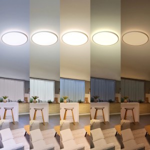 Philips Valen LED-Deckenleuchte, 30 cm, dimmbar, zeigt verschiedene Lichtfarben von kühl bis warm in einem Wohnraum.