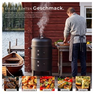 Schwarze Tectake 3-in-1 Räuchertonne zum Grillen, Räuchern, Garen. Mann bereitet Speisen auf Holzterrasse zu. Mit Thermometer.
