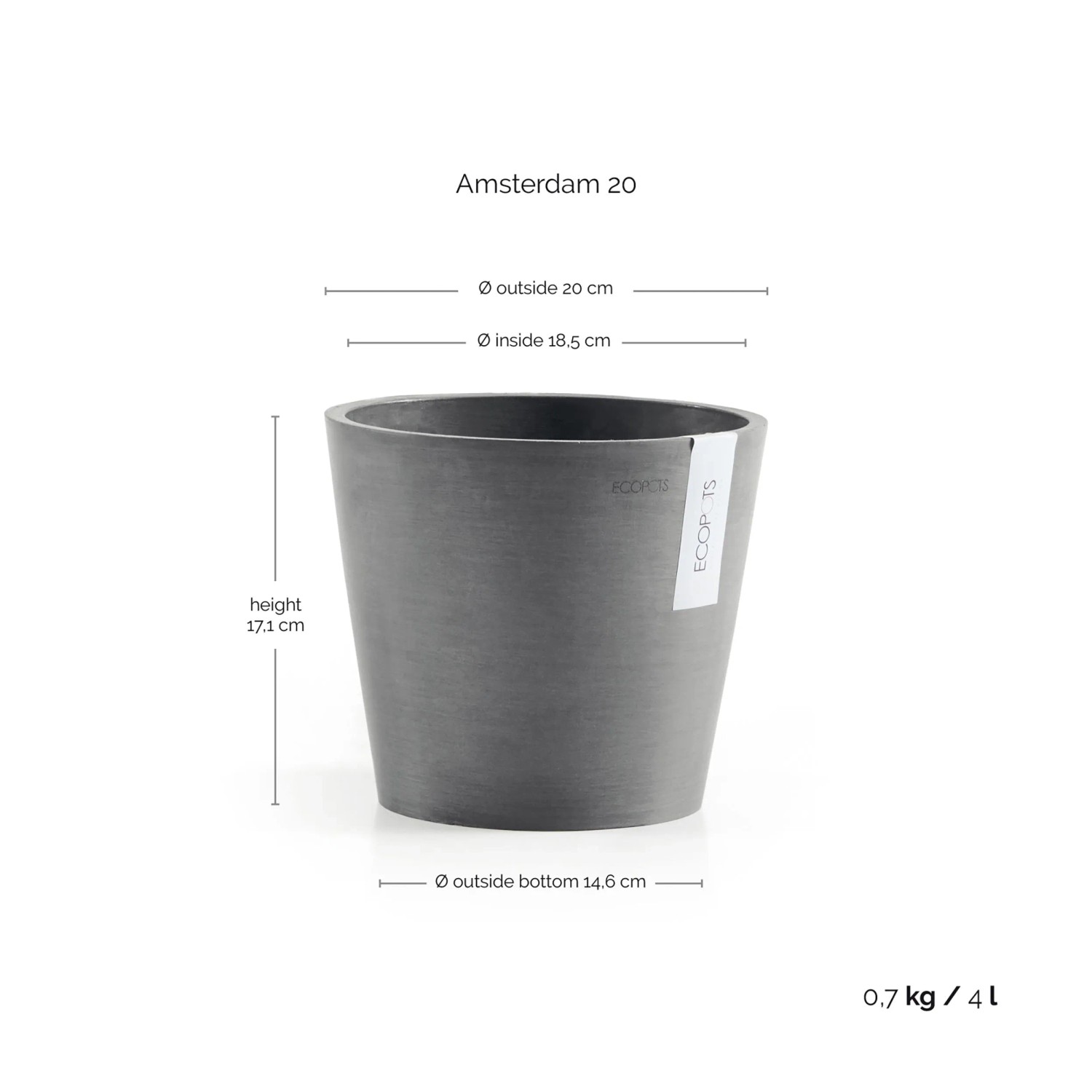 Ecopots Amsterdam Pflanztopf, Ø 20 cm, grau. Ideal für Innen- & Außenbereich.
