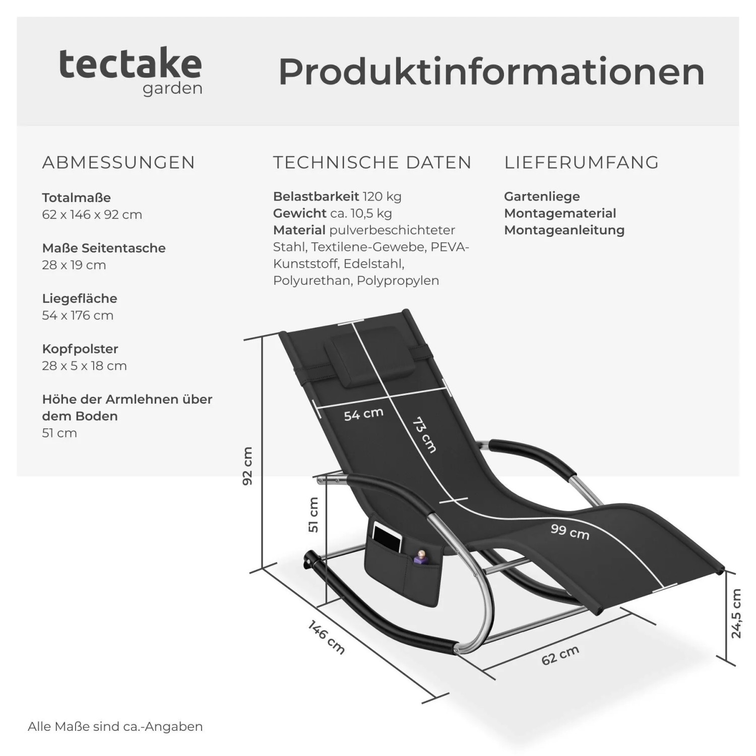 Tectake Gartenliege Taya Ergonomisch Mit Komfort Schwingbewegung Geschwungene Armlehnen Mit Schaumstoffpolsterung Pro Stück 142 x 62 x 92 cm Schwarz_6