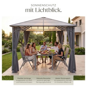 Grauer Tectake Gartenpavillon Caracas mit Aluminiumgestell, transparentem Dach und Seitenteilen. Personen genießen im Garten.