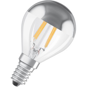 Osram LED-Leuchtmittel E14 Tropfenform, 4W, warmweiß, mit silberner Kopfspiegelung.