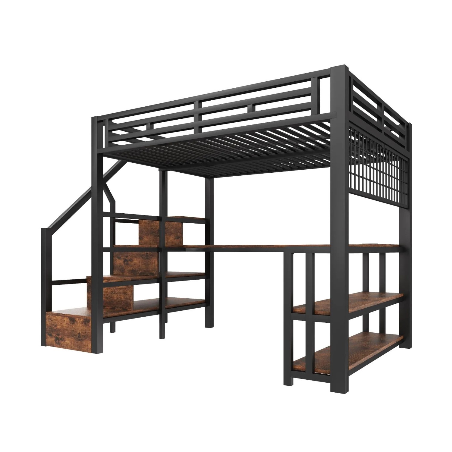 okwish Hochbett 140x200cm mit Schreibtisch USB und Stauraum Schwarz ohne Matratze