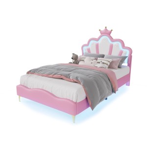 PXloue Kinderbett 90x190 cm RosaLED-Kinderbett mit Verstellbarem KopfteilPU-Polsterbett
