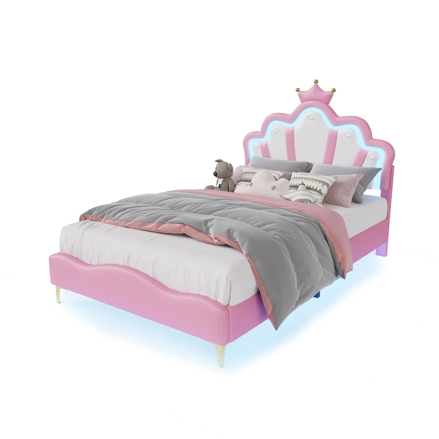 PXloue Kinderbett 90x190 cm RosaLED-Kinderbett mit Verstellbarem KopfteilPU-Polsterbett