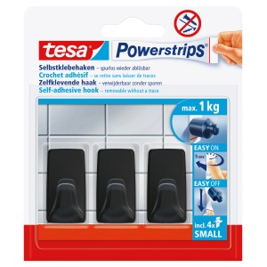 Tesa Powerstrips Klebehaken S, eckig, schwarz, 3 Stück. Selbstklebend und wiederablösbar.