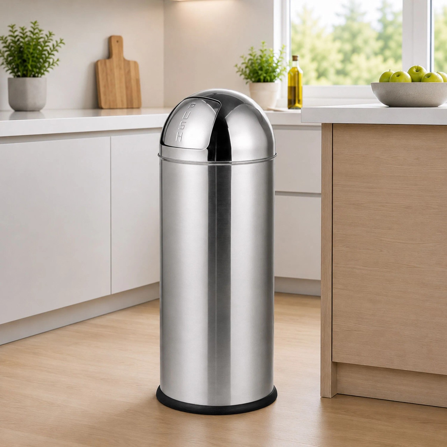 Silberner Edelstahl Mülleimer mit Push-Deckel in moderner Küche. Zylindrischer Abfalleimer mit schwarzem Schutzring, 70 Liter.