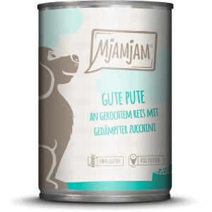 Mjamjam Hundenassfutter Pute, Reis, Zucchini, 400g Dose mit Hunde-Motiv.