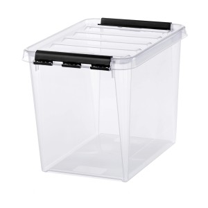 Transparente SmartStore Aufbewahrungsbox Classic 13 l mit Deckel und schwarzen Clips.