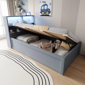 Graues Schlafsofa 90x200cm mit hydraulischem Lattenrost, beleuchtetem LED-Kopfteil und großem Stauraum.
