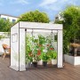 Weißes begehbares Foliengewächshaus mit Schrägdach, Rolltür und Tomatenpflanzen auf Holzterrasse.