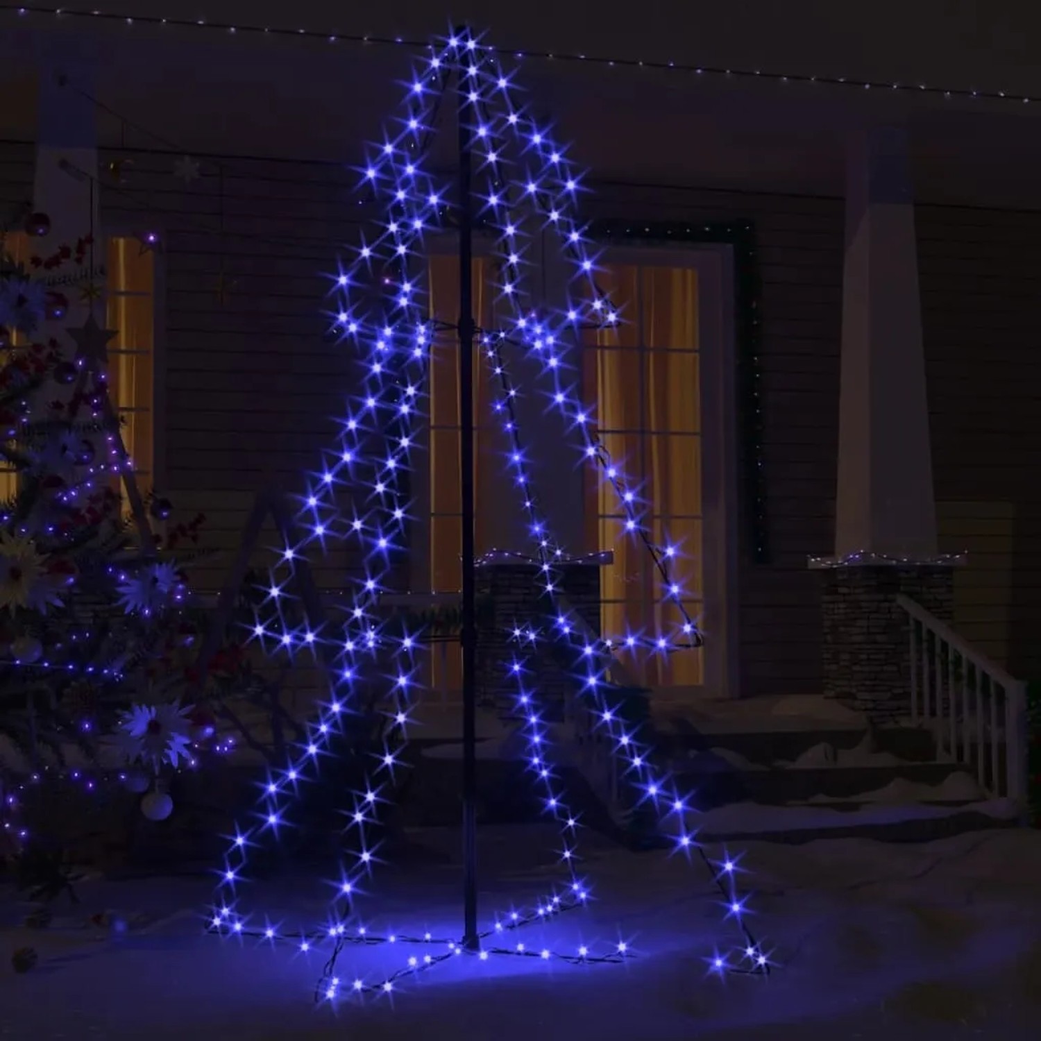 Blauer vidaXL Weihnachtskegelbaum mit 200 LEDs für Innen und Außen, 150cm hoch.