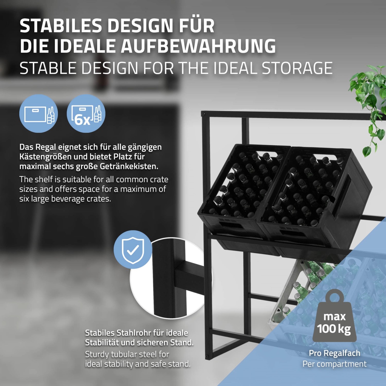 ML-Design Getränkekistenregal aus Stahl, anthrazit, für 6-8 Kisten, mit Ablage.