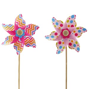 Bunte Windräder, 2-fach sortiert, aus Kunststoff und Holz für Ostern und Frühling.