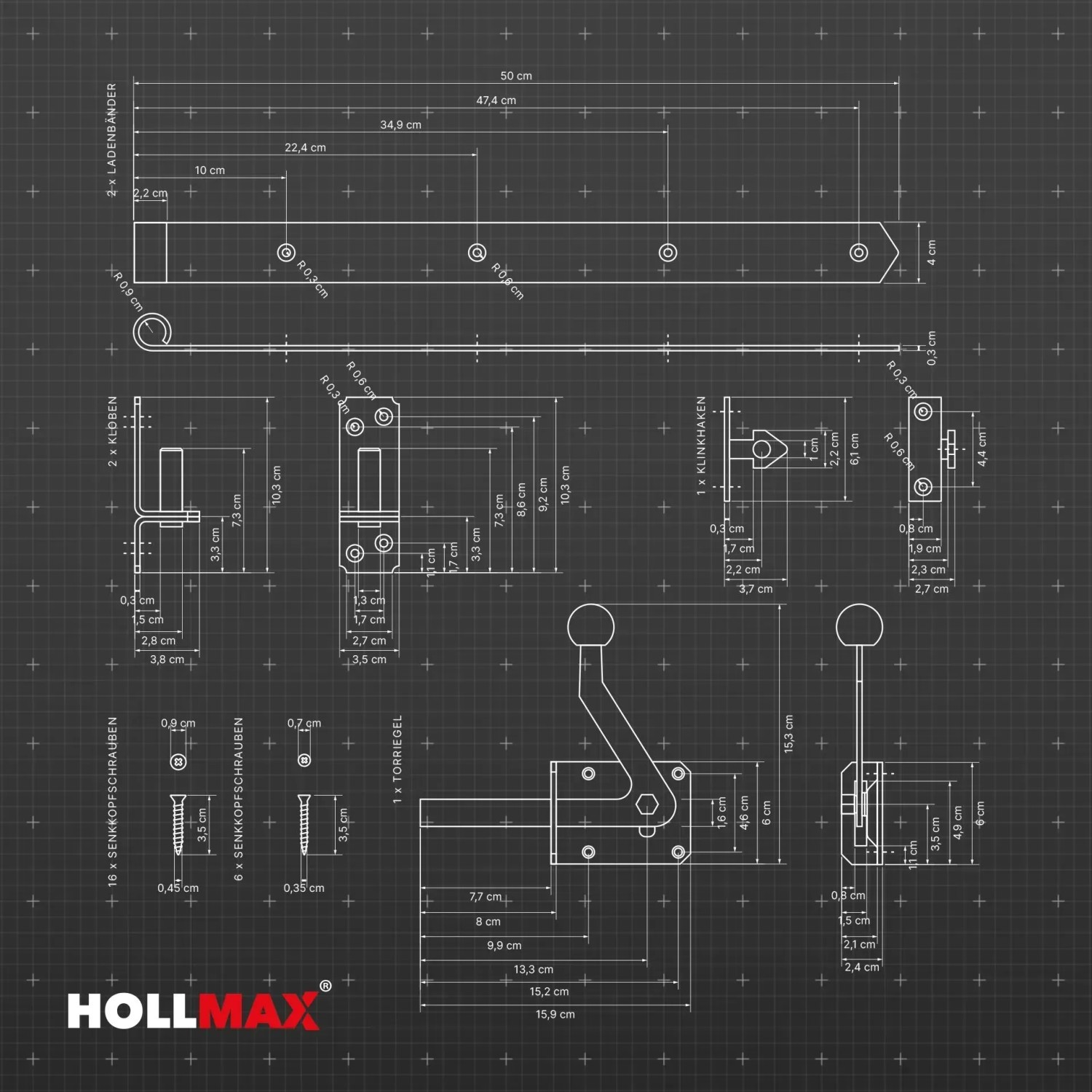 Technische Zeichnung: Hollmax Beschlagset für Gartentore, feuerverzinkt, mit Maßen.