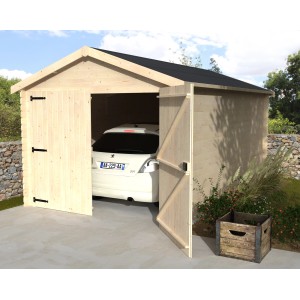 Decor et Jardin Garage Gamache aus Holz mit geöffneten Türen und Auto im Inneren.