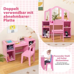 Costway 2 In 1 Kinder Schminktisch mit Aufbewahrungsboxen & Stuhl Rosa