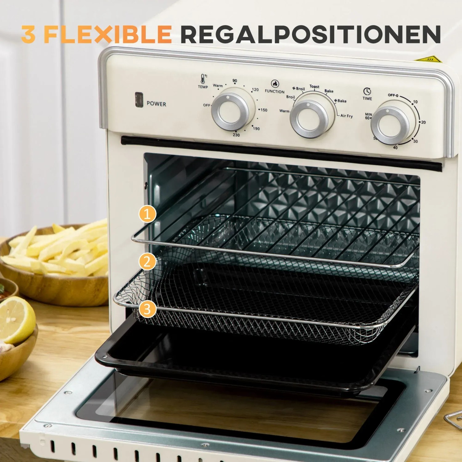 HOMCOM Minibackofen mit Zubehör: Backblech, Grillrost und Krümelblech. 20L Umluft-Ofen in Beige.