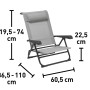 Verstellbarer, hellgrauer Campingstuhl Mocoa mit Kopfpolster und Aluminiumgestell.