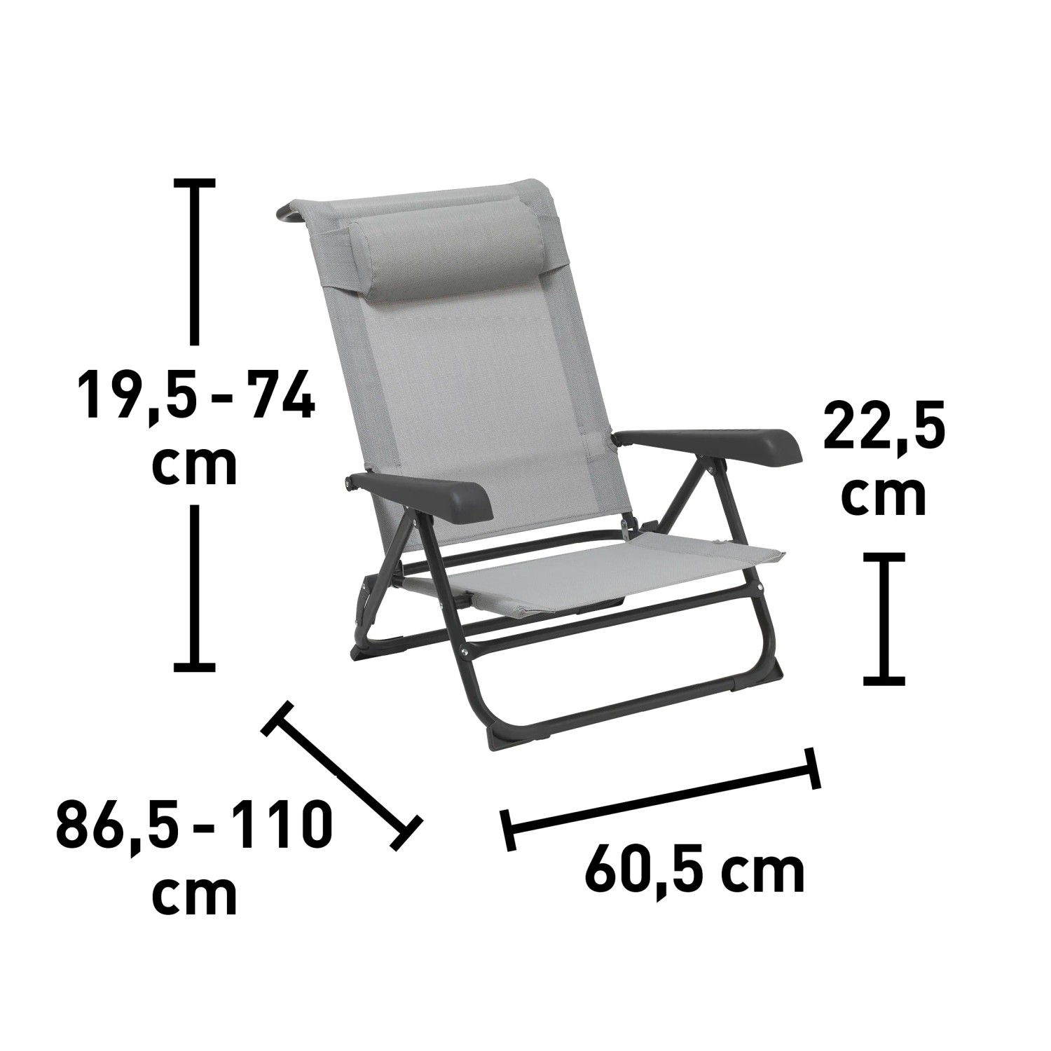 Verstellbarer, hellgrauer Campingstuhl Mocoa mit Kopfpolster und Aluminiumgestell.