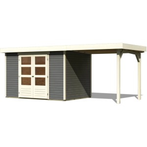 Karibu Holz-Gartenhaus Raala in Terragrau mit Pultdach und überdachter Fläche.