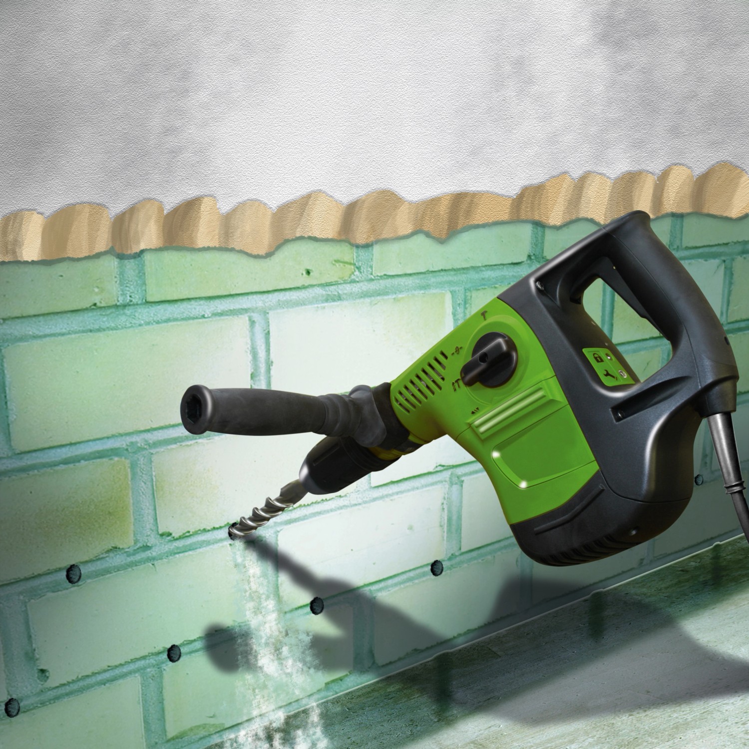 Anwendung von MEM Trockene Wand: Bohren von Löchern in eine Wand zur Abdichtung gegen Feuchtigkeit.