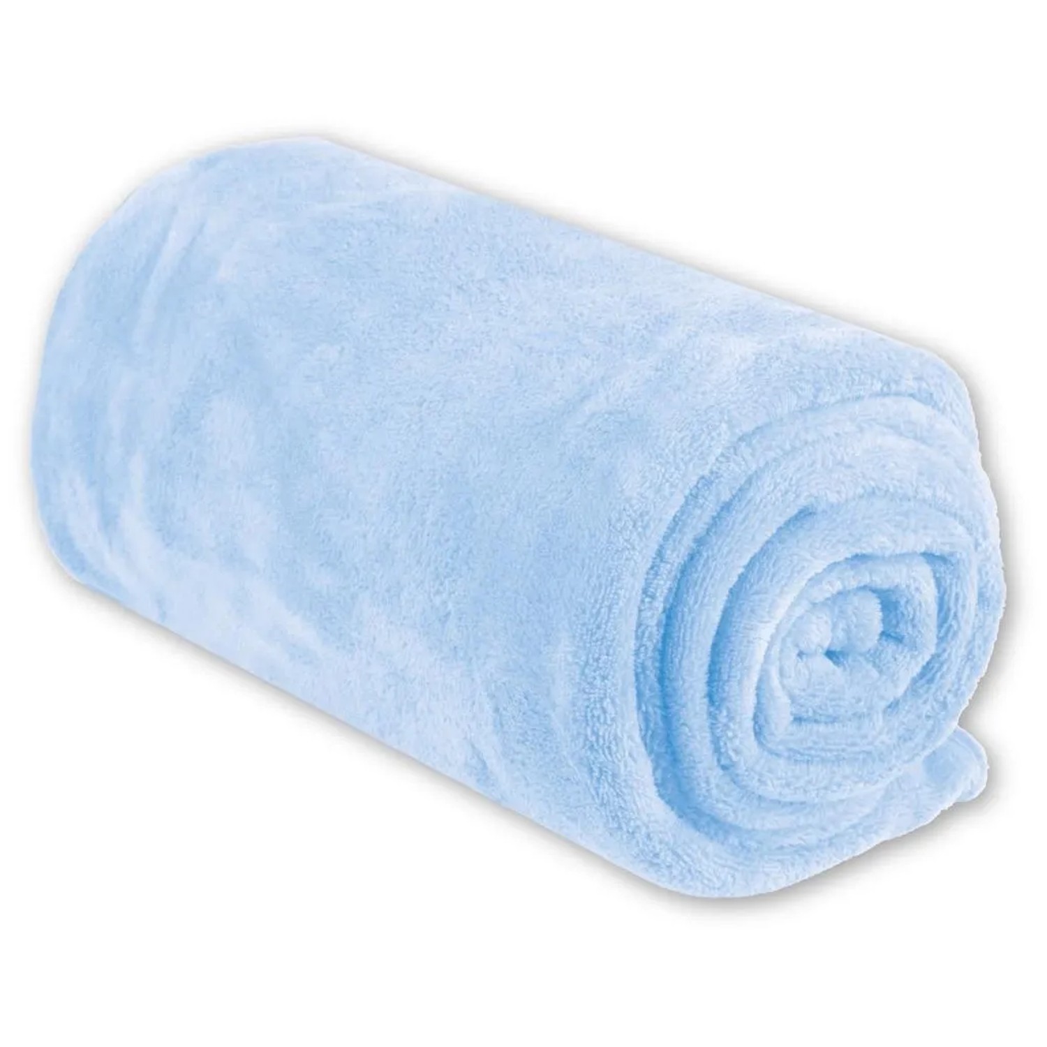 Gerollte, babyblaue Bestgoodies Mikrofaser Decke 210x280 cm. Kuschelig weich.