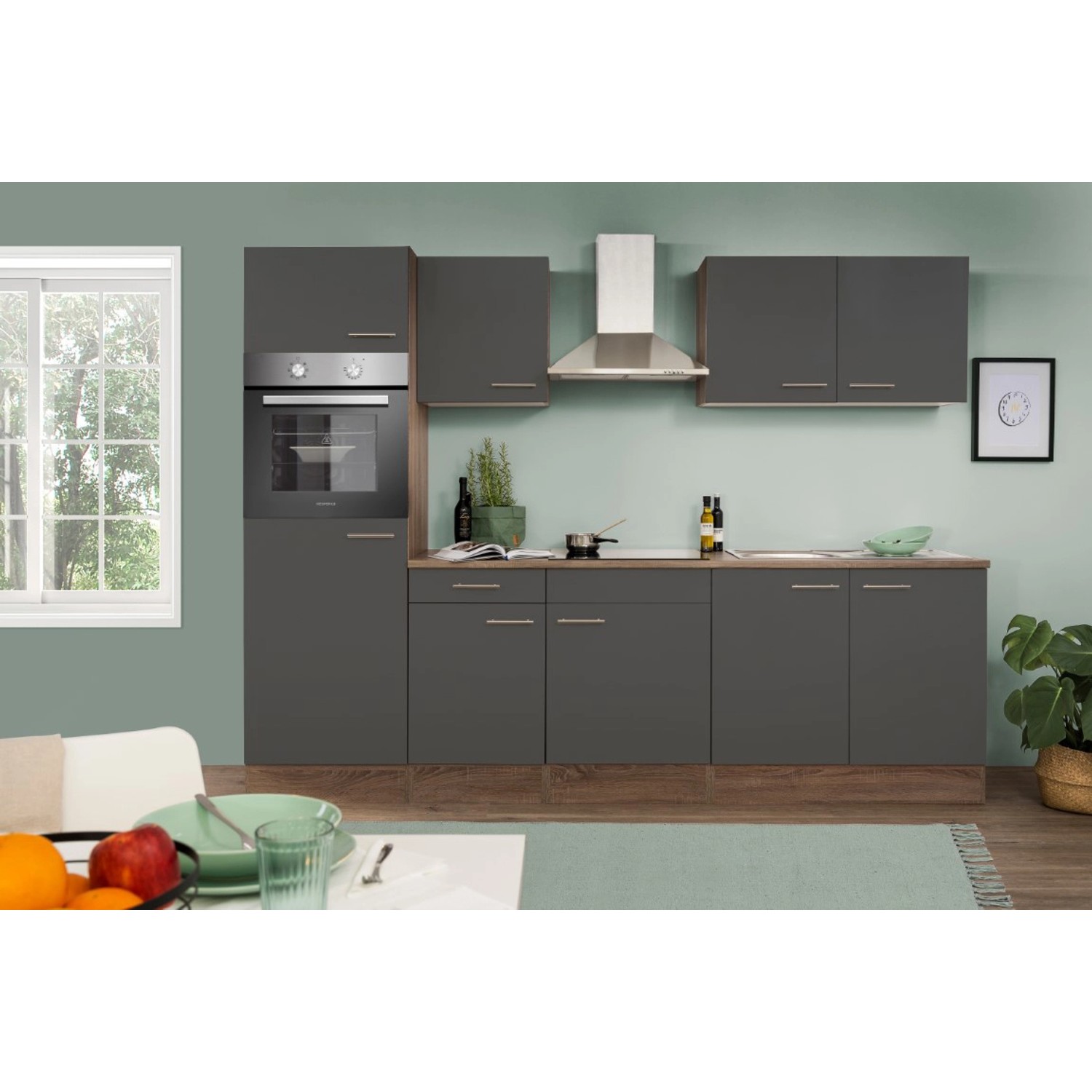 Respekta Küchenzeile/Küchenblock KB270EYG 270 cm Grau Seidenglanz-Eiche York Nachbildung