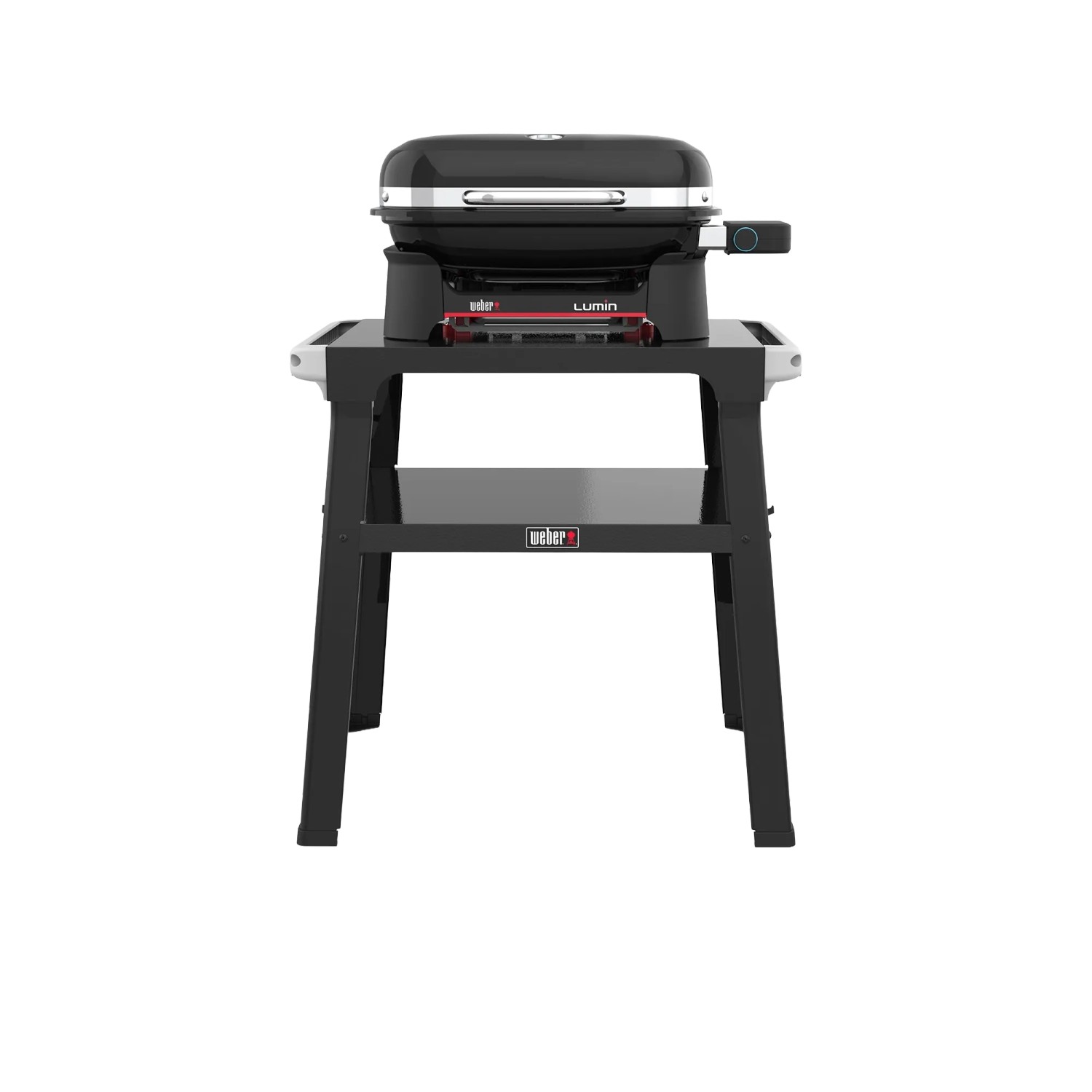Weber Lumin Compact Elektrogrill mit Stand in Schwarz, Frontansicht.