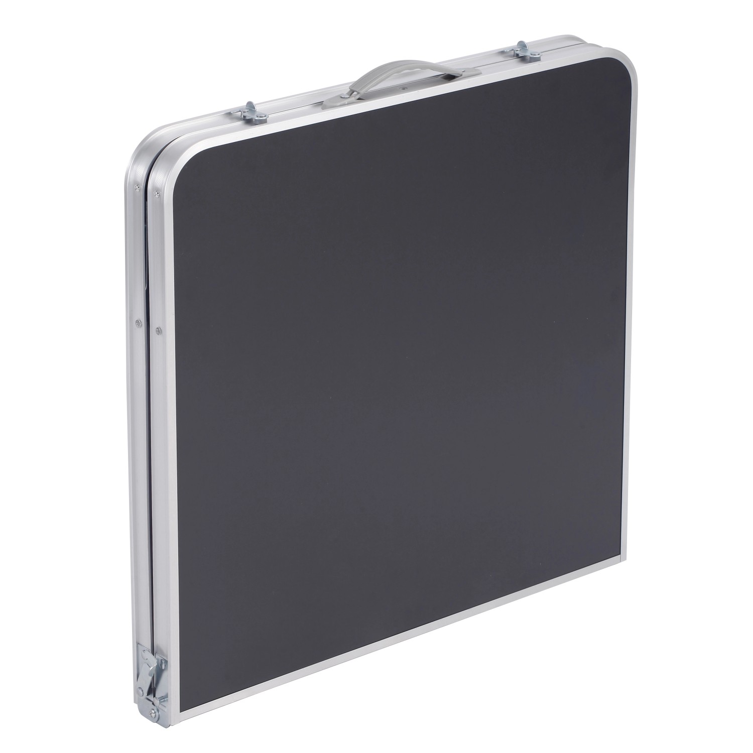 Zusammengeklapptes Greemotion Camping-Set mit Tisch und 4 Hockern in Silber-Anthrazit.