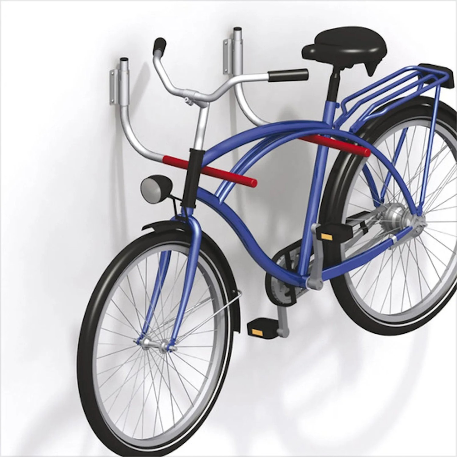 SOTECH OrgaTech 2er Set Fahrrad-Wandhalter aus verzinktem Metall mit rotem Gummischutz, hält ein blaues Fahrrad.