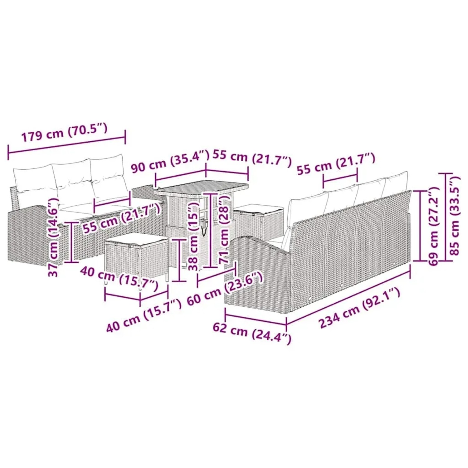 vidaXL Garten-Sofa-Set, 10-teilig, beige Poly Rattan, mit Maßen. Ideal für Terrasse und Garten.